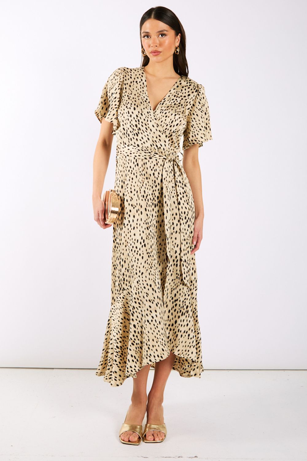 Needs No Label Cream Animal Printed Satin Wrap Midi Dress