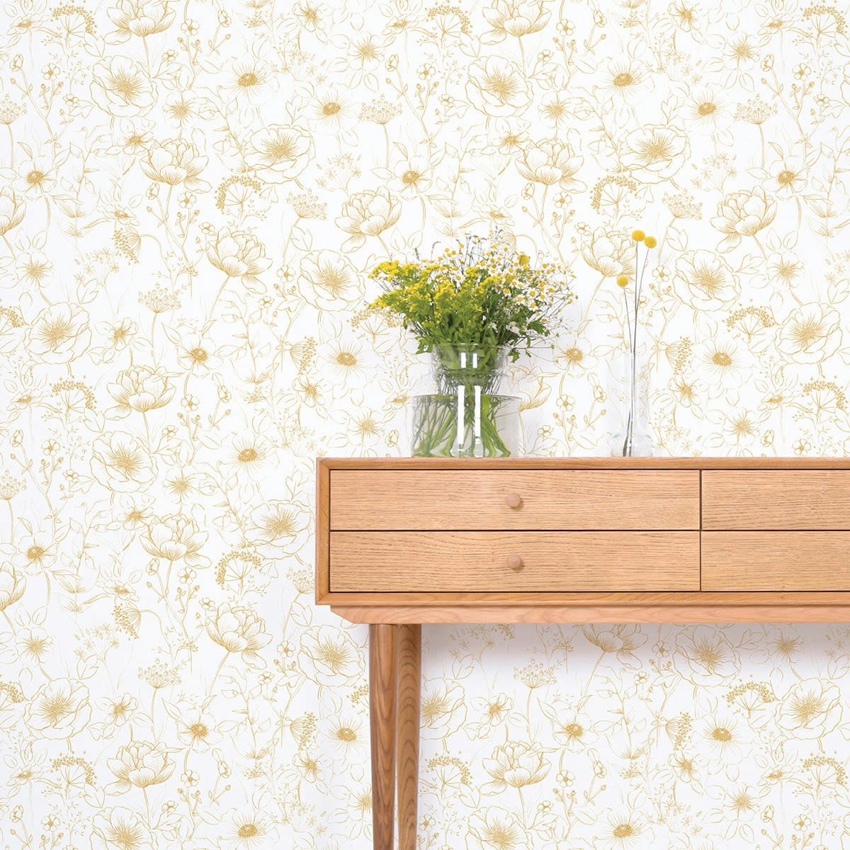BOTANY - Papier peint bucolique fleurs en Papier Moutarde 50cm x 10m