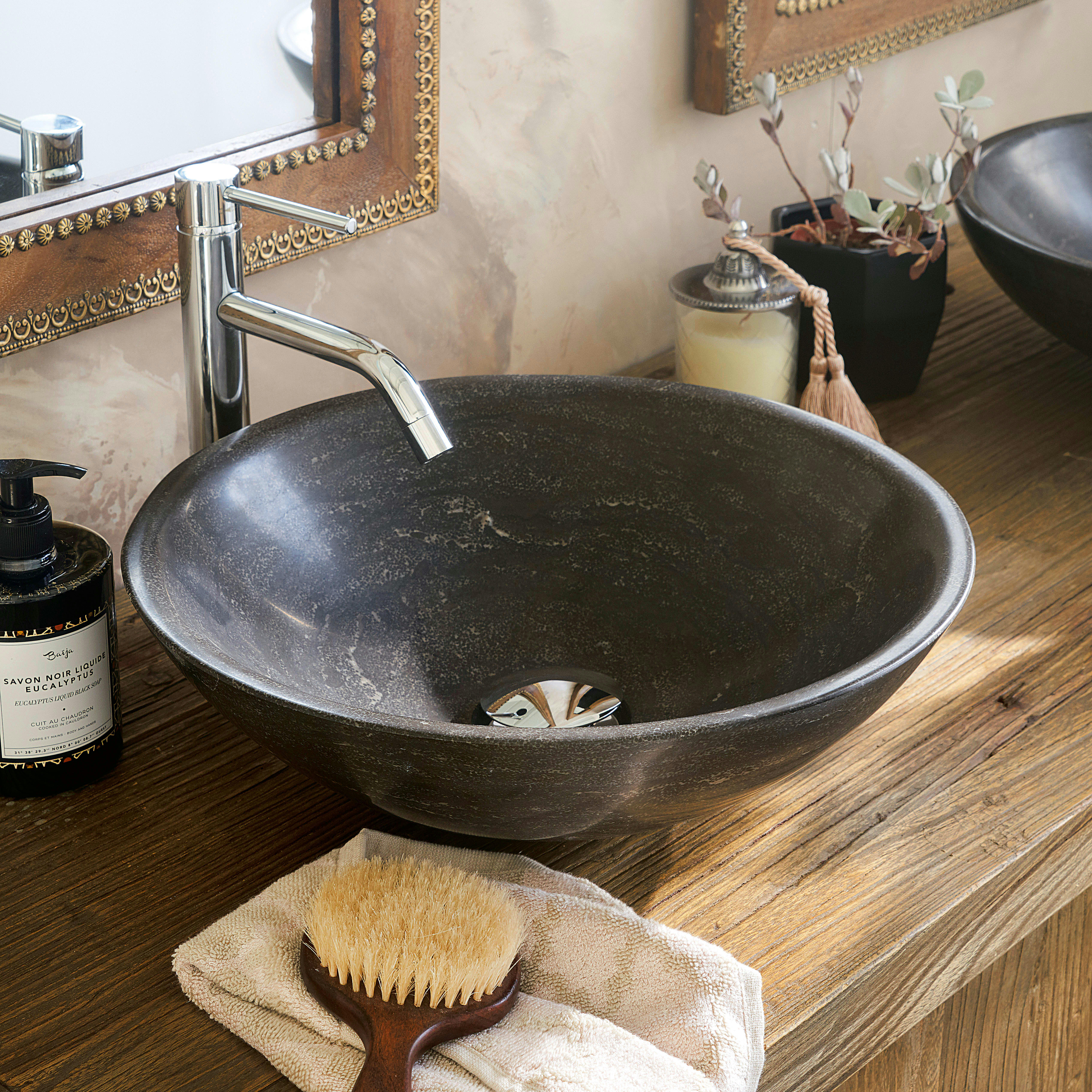 Lotus - Meuble vasque en bois d'orme recyclé et pierre bleue