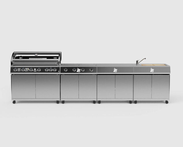 Beefmaster Deluxe 6 Burner Outdoor Kitchen with Range, Sink & Bench on Deluxe Carts