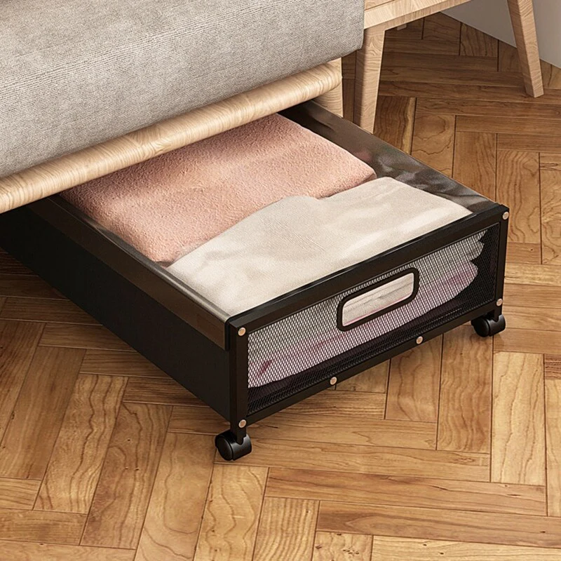 2Pcs Metal + Fabric Underbed Storage Rack Underbed Storage Trolley Bedroom Clothes Shoes Books Mobile Wheeled Box