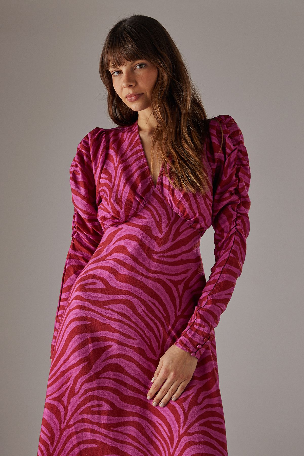 Warehouse Pink Zebra Print Viscose V Neck Long Puff Sleeve Midi Dress
