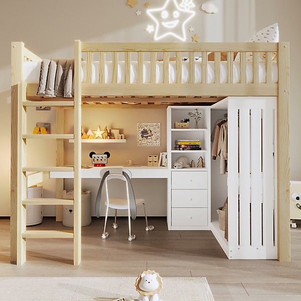 Lit Mezzanine 140x200 cm - Lit Ado avec Bureau Intégré, Armoire et 3 Tiroirs, échelle et Garde-Corps, Bois Naturel - sans Matelas