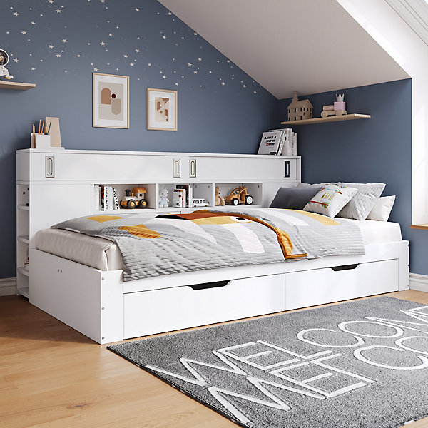 Lit Enfant 90x190 cm, Lit Simple avec 2 Tiroirs et étagères Murales, Rangement Intégré, Sans Matelas - Blanc
