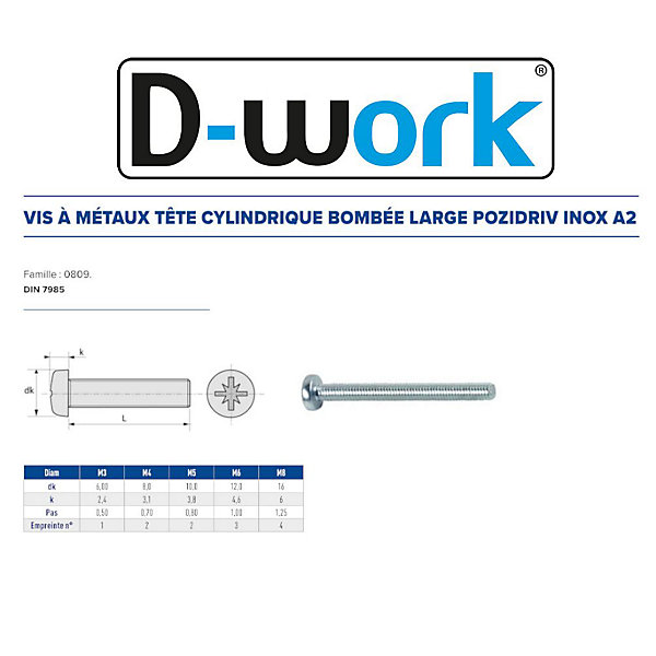 500 Vis Métaux Tête Cylindrique Larges Pozidriv 5 x 40 mm - DIN 7985 - Inox A2 - D-Work