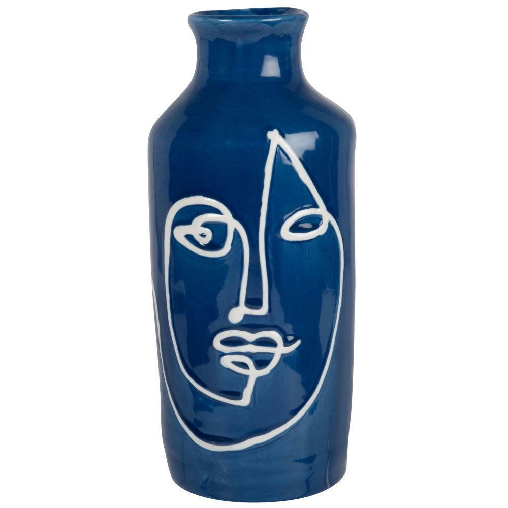 - Vase en grès bleu et  visage blanc H23