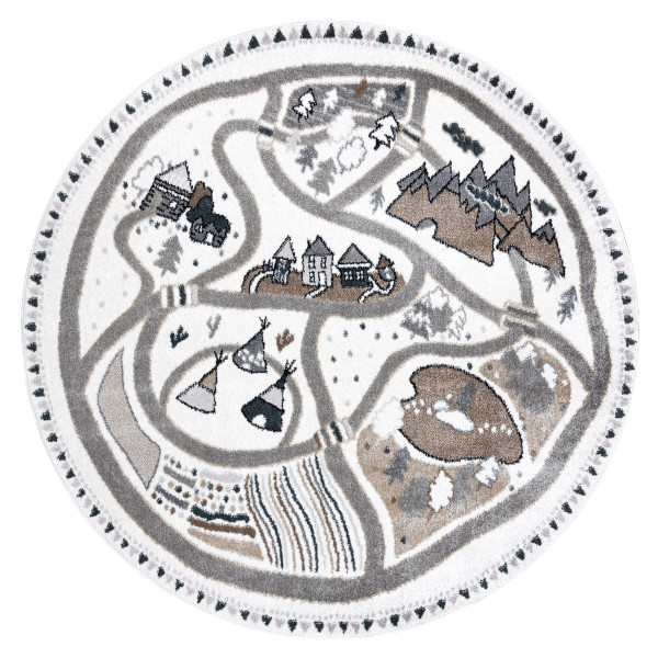 Dywan FUN Land dla dzieci, wioska, uliczki, - krem koło 100 cm