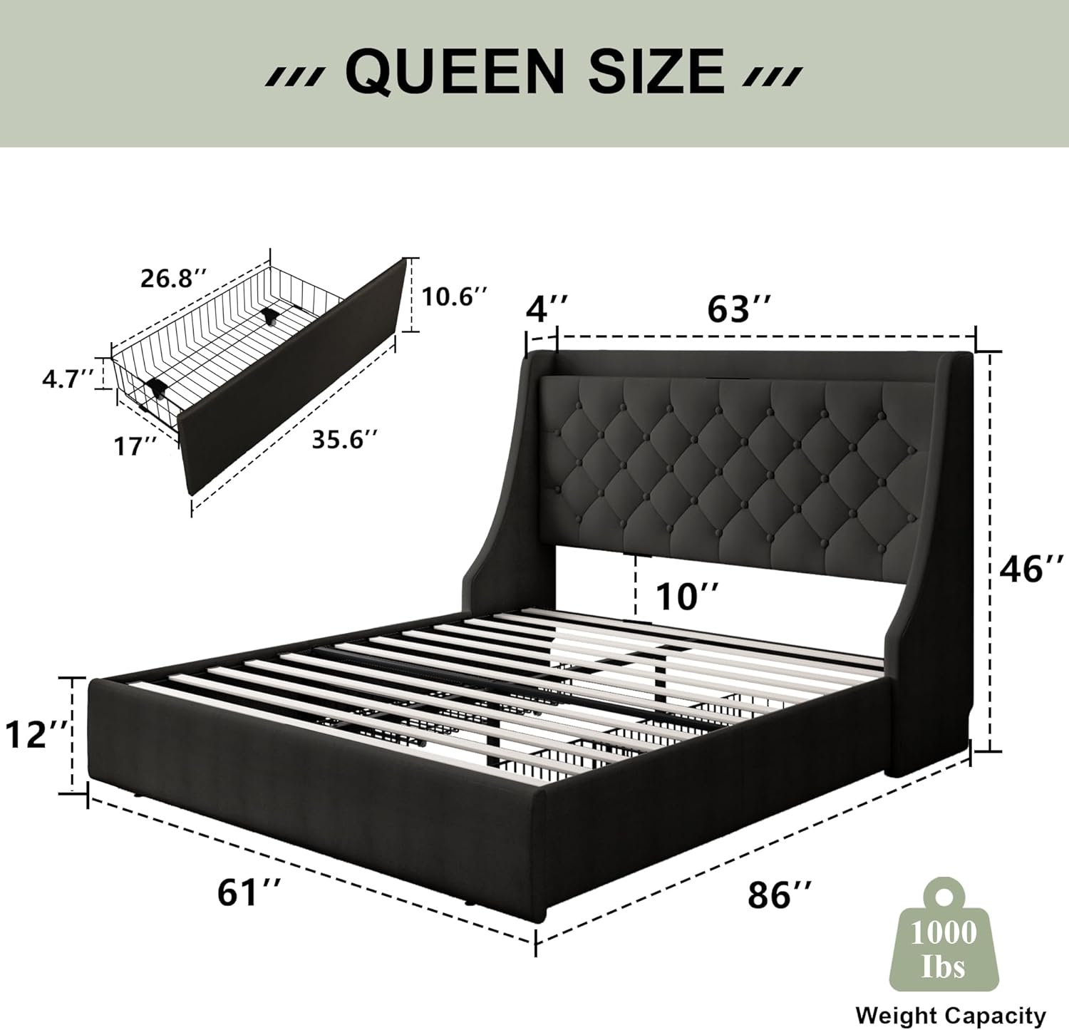 Feonase Upholstered Queen Size Bed Frame with 4 Storage Drawers, Storage Bed with Charging Station, Large Wingback Headboard, No Box Spring Needed, Black