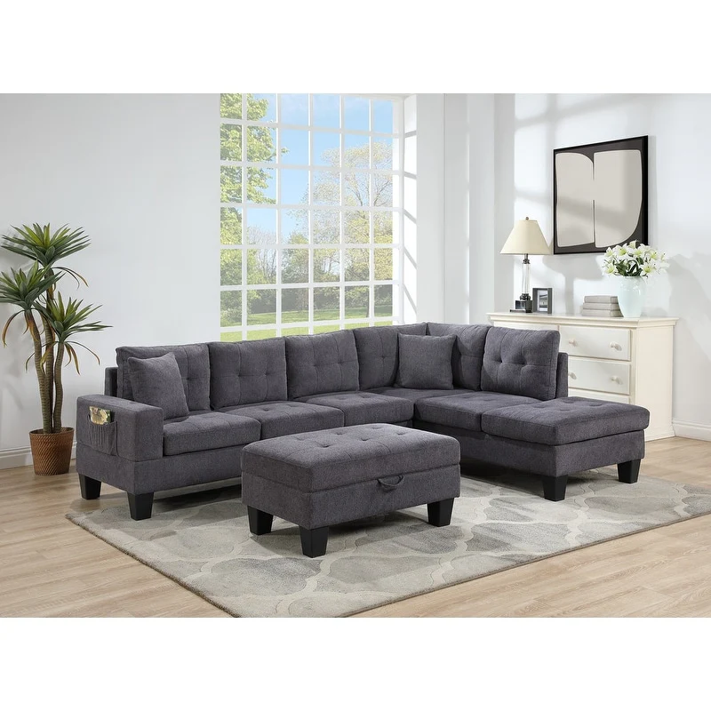 Briscoe Dark Gray Woven Fabric 102 Wide Reversible Sectional Sofa with Charging Ports, Cupholders, Storage Ottoman, and Pillows