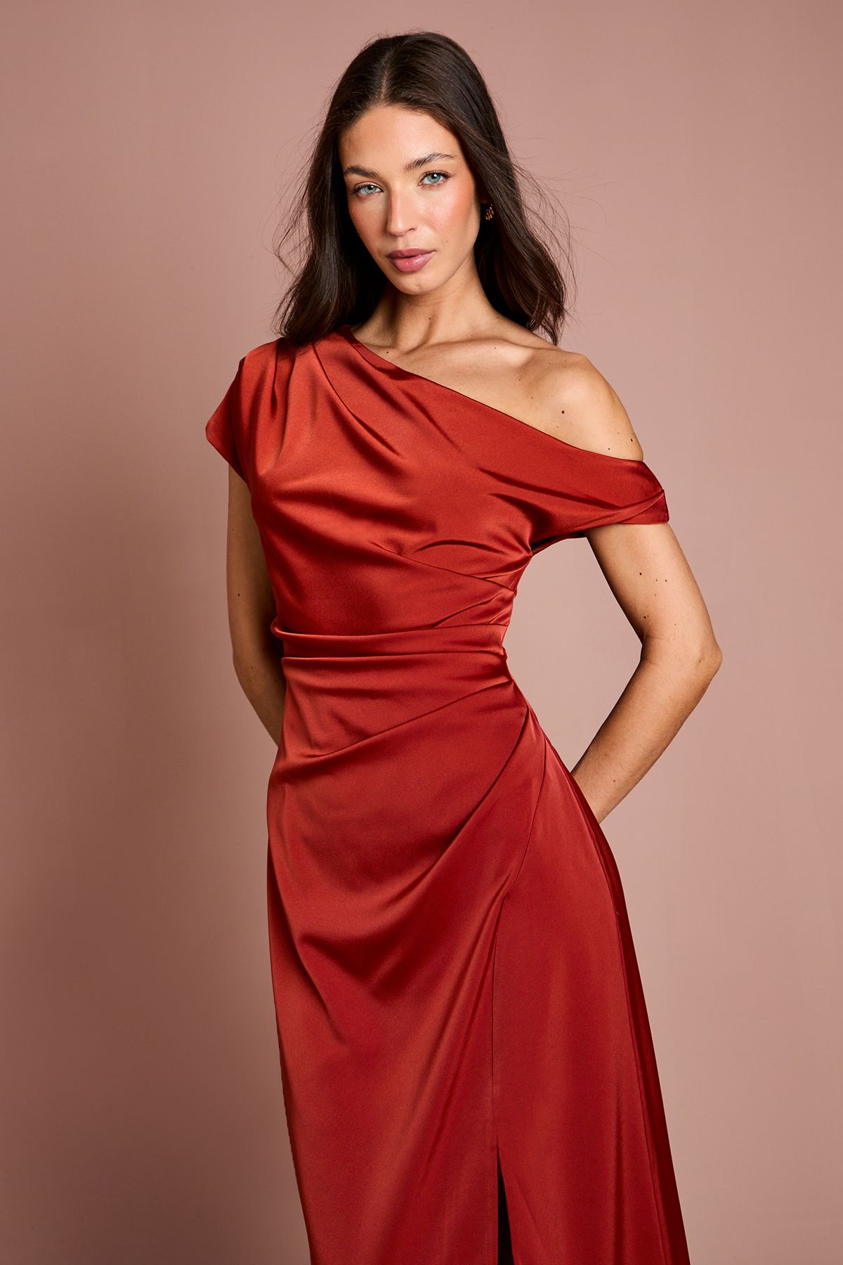 Coast Off Shoulder Satin Side Tie Midi Dress