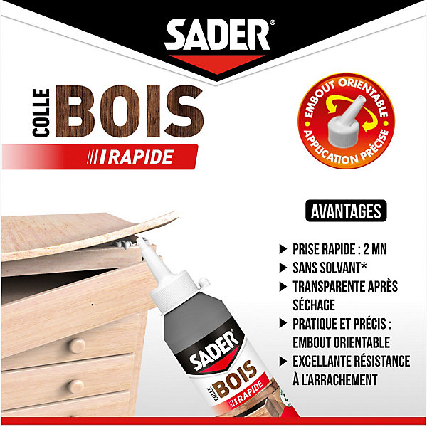 Colle à bois à prise rapide Sader transparente après séchage biberon de 250 g
