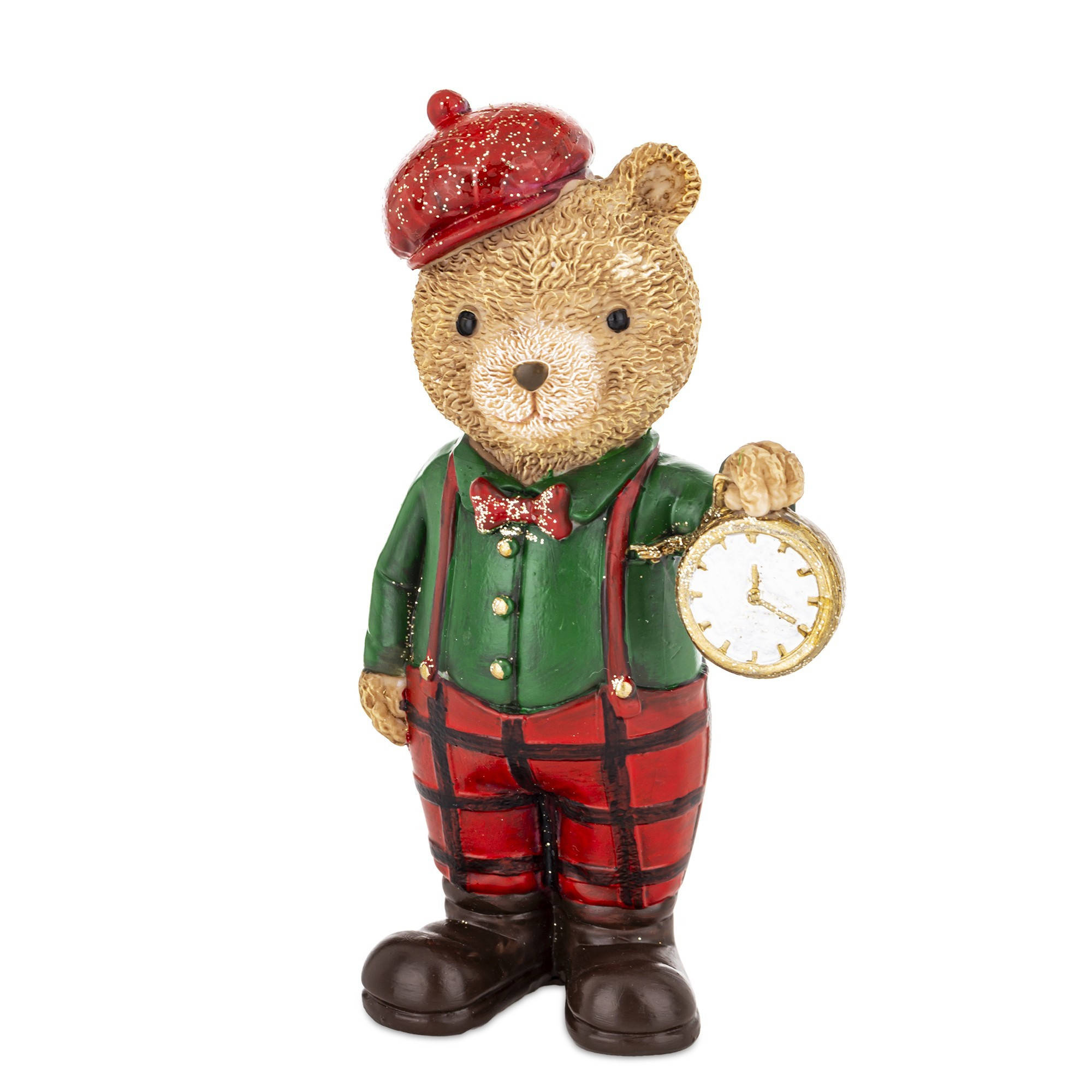 Figurka - Miś brązowypracownik z zegarkiem w zielonej koszuli 12,5x7x5 cm