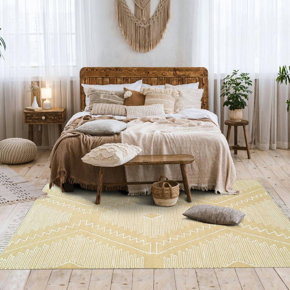 BOHO - Tapis en coton avec motifs zig zag en laine épaisse naturel 120x170