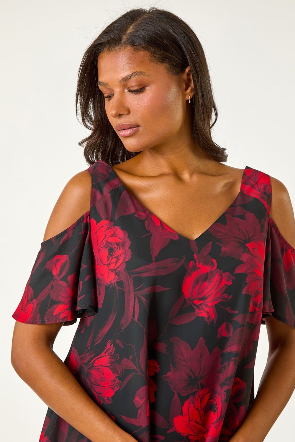 Roman Floral Print Cold Shoulder Asymmetric Top