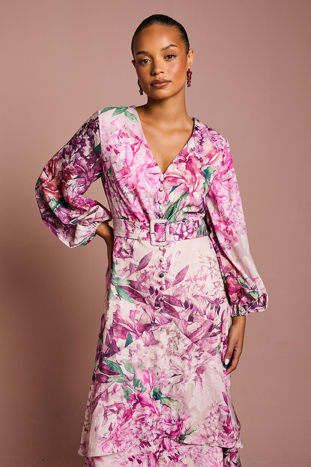 Coast Petite Long Sleeve Chiffon Midaxi Dress With Belt