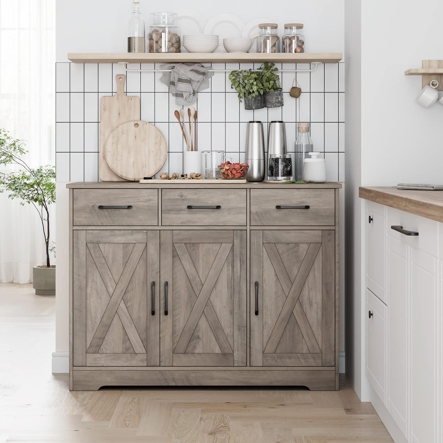 HOSTACK Modern Farmhouse Buffet Sideboard Cabinet, Barn Doors Storage Cabinet with Drawers and Shelves, Wood Coffee Bar with Storage for Dining Room, Kitchen, Living Room, Ash Grey