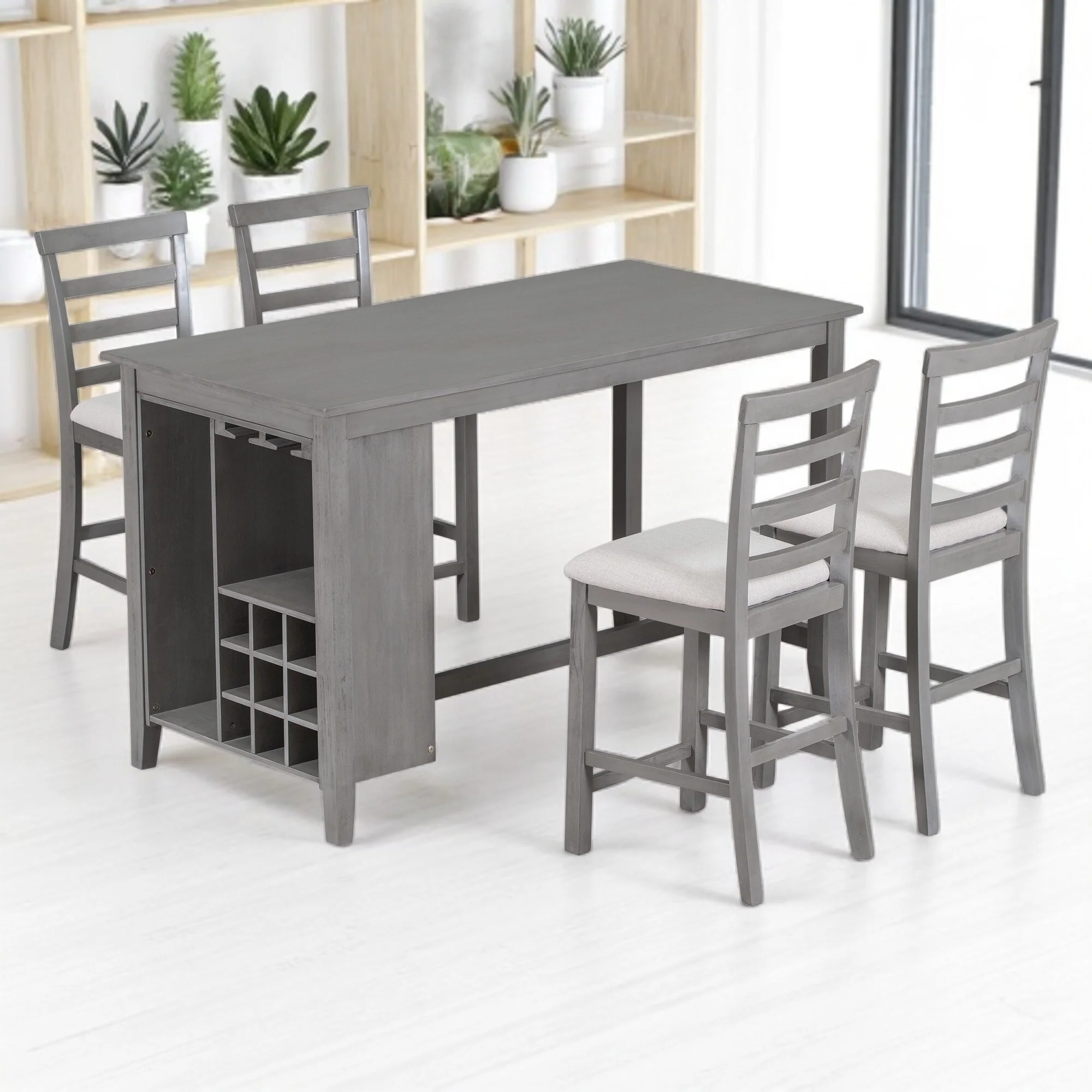 5-Piece Dining Set with 4 Padded Chairs, Bar Wine Compartment & Wineglass Holders, Rubber Wood Table for Kitchen, Dining Room