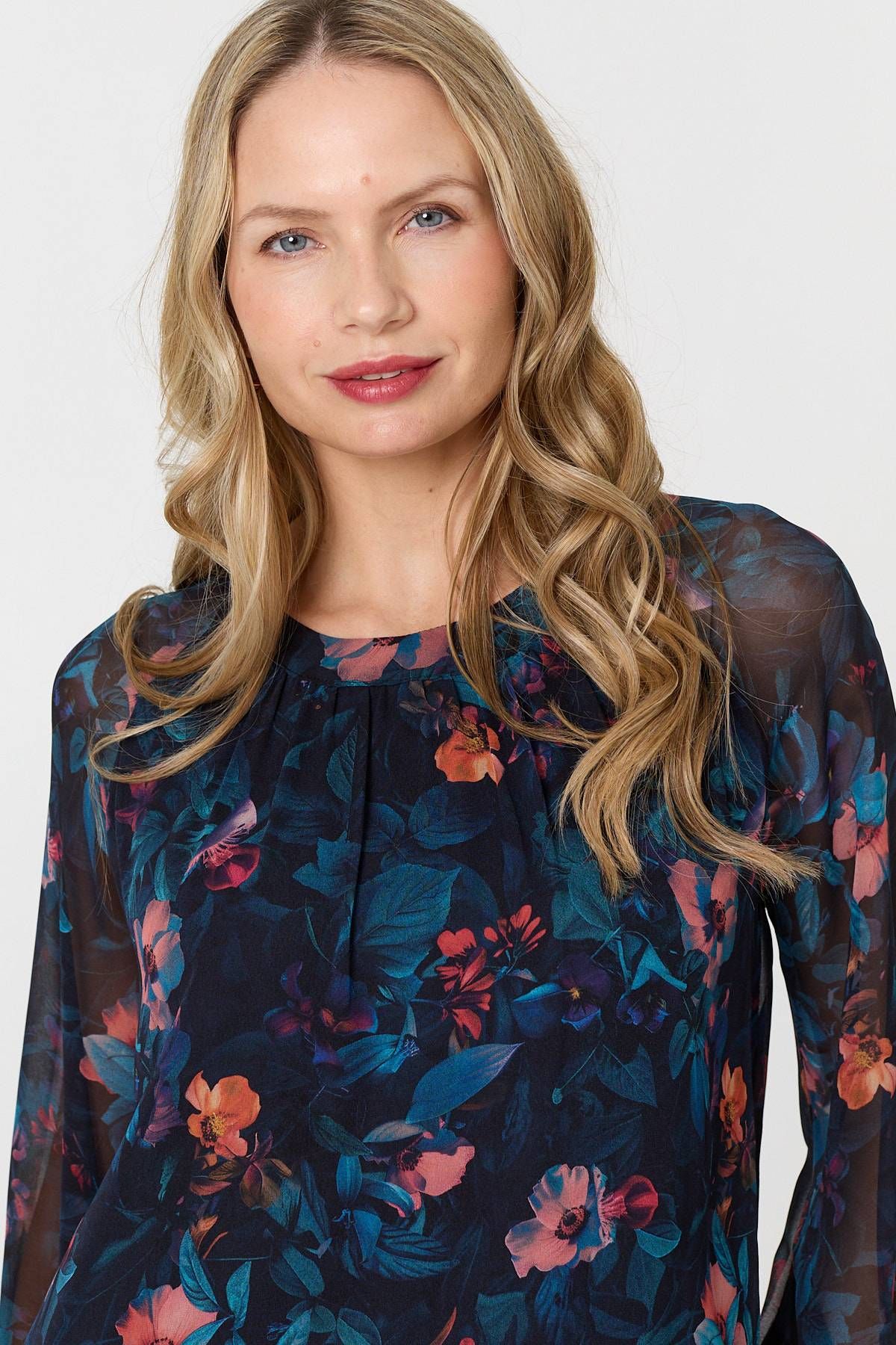 Izabel London Floral Layered Long Sleeve Short Dress