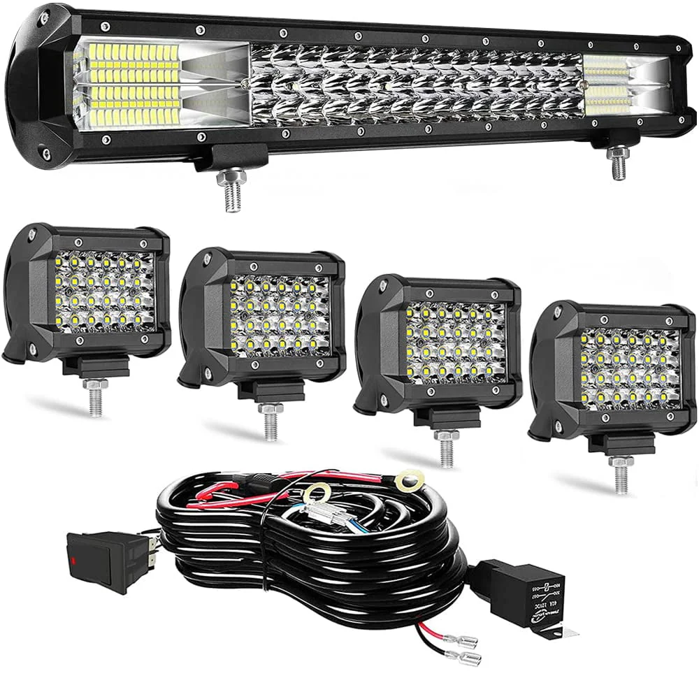 20in Triple Row led Light bar, 288W Waterproof Spot Flood Combo Automotive Work Light Bars+4pcs 72w led pods with Wiring Harness,for Off Road,Truck,Car,ATV,SUV,4X4,Boat,Tractor,Trailers C51