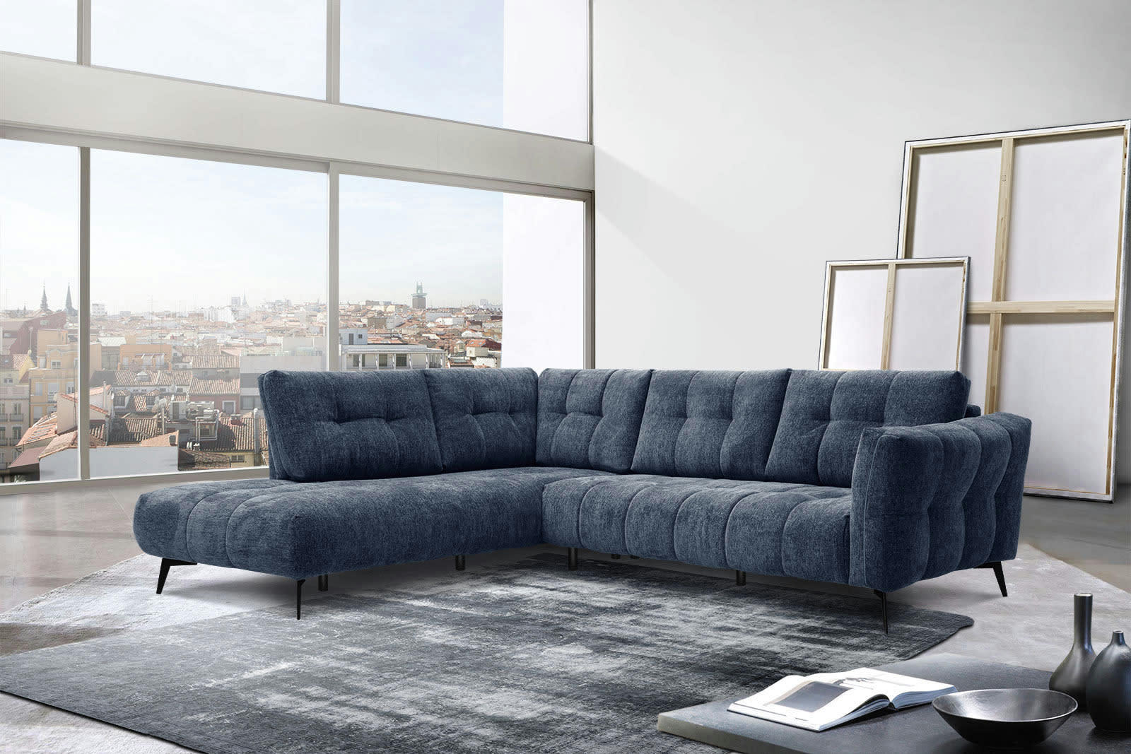 KALMER - Canapé d'angle gauche 5 places tissu bleu foncé