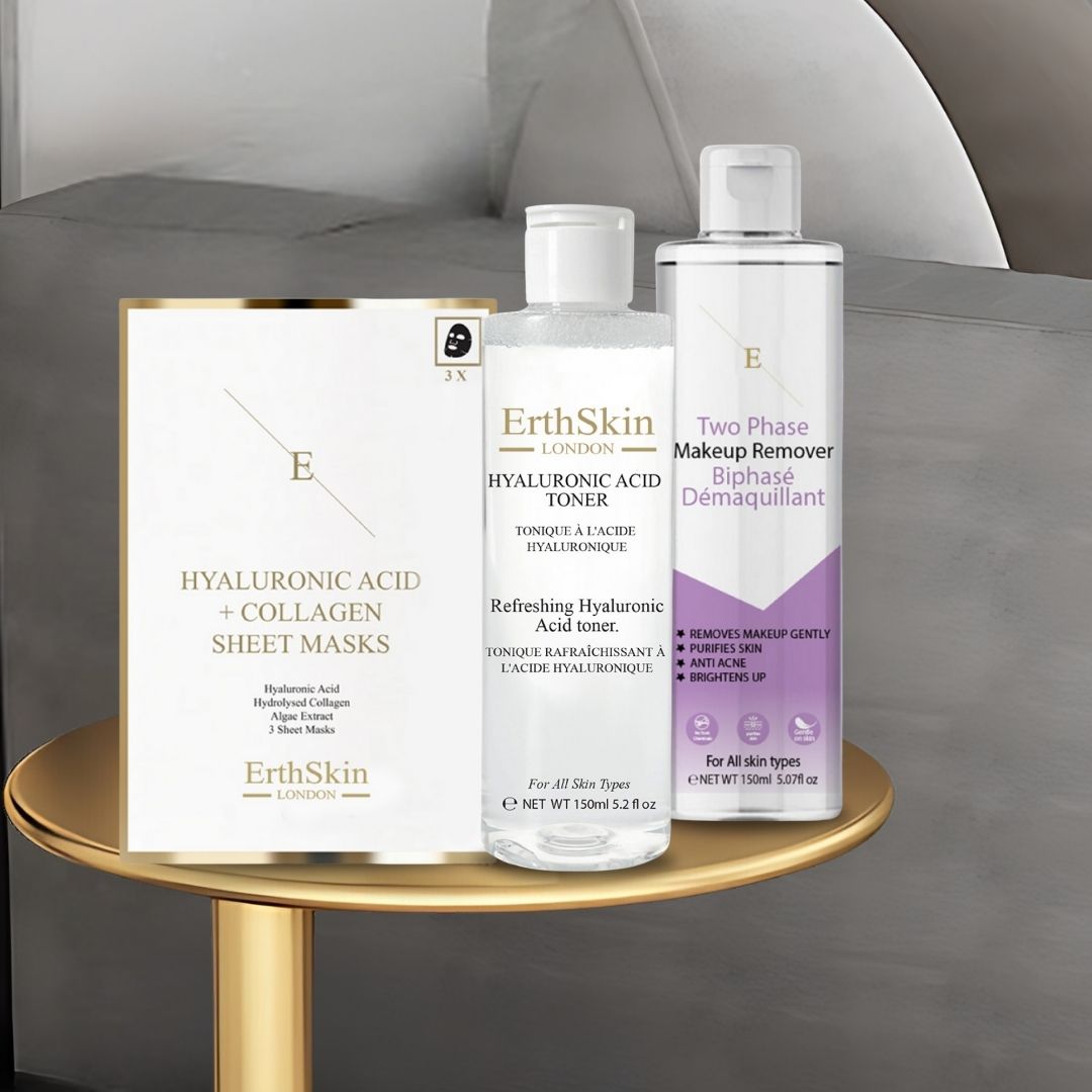Erth Skin London Hydrating Trio: Makeup Remover 150ml   HA Toner 150ml & H. Collagen Sheet Mask