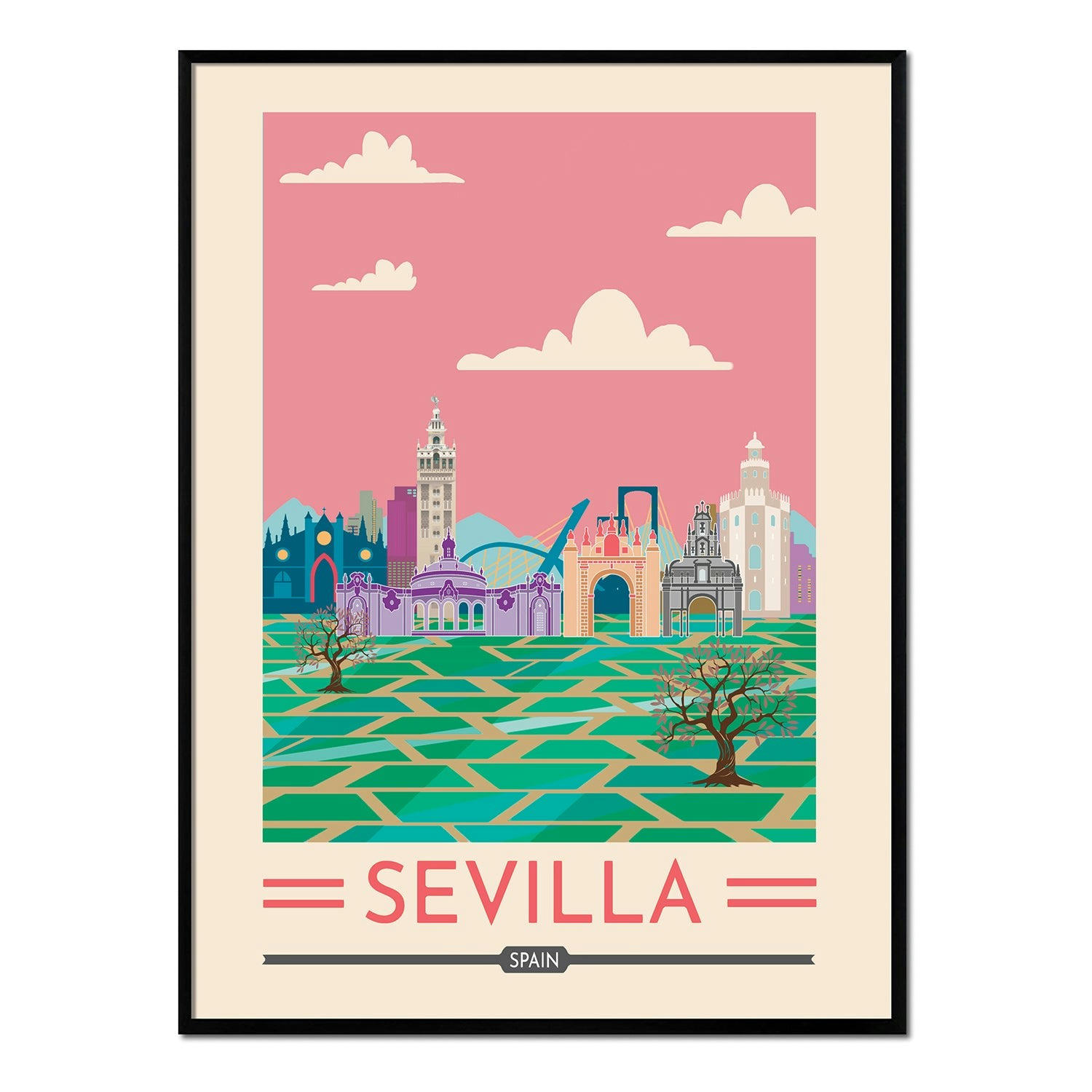 CIUDADES - Affiche avec cadre noir - Séville - 50x70