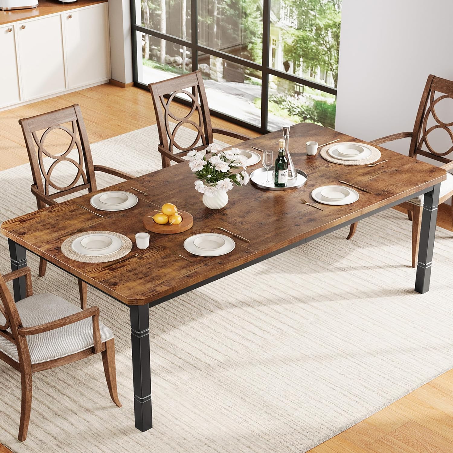 Garvee Large Dining Table for 6-8 People, 71 Wooden Kitchen Table with Sturdy Metal Frame, Dining Room Table for Dining Room, Kitchen, Black Leg & Retro