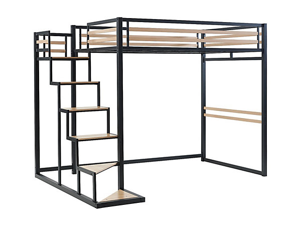 Lit mezzanine 140 x 200 cm - Métal et MDF - Noir et naturel - JOGUI