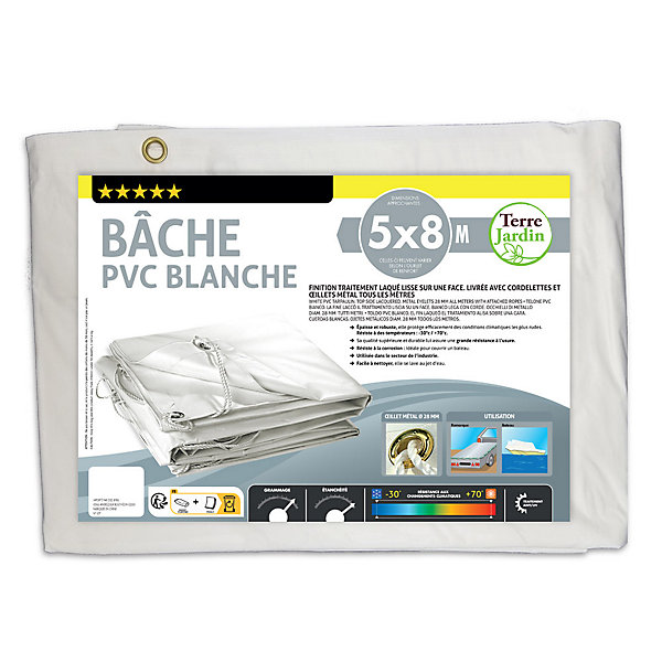 Bâche de protection PVC blanche 5x8m avec oeillets et cordelettes - pour couvrir mur, toiture, remorque...