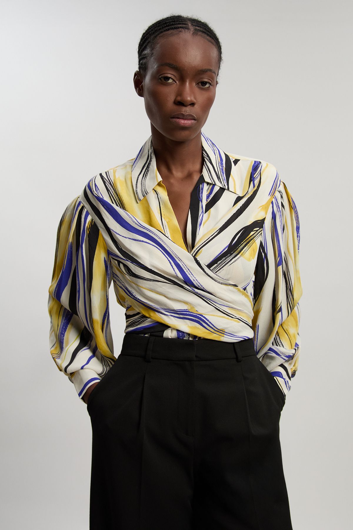 KarenMillen Brush Stroke Print Twill Woven Wrap Shirt