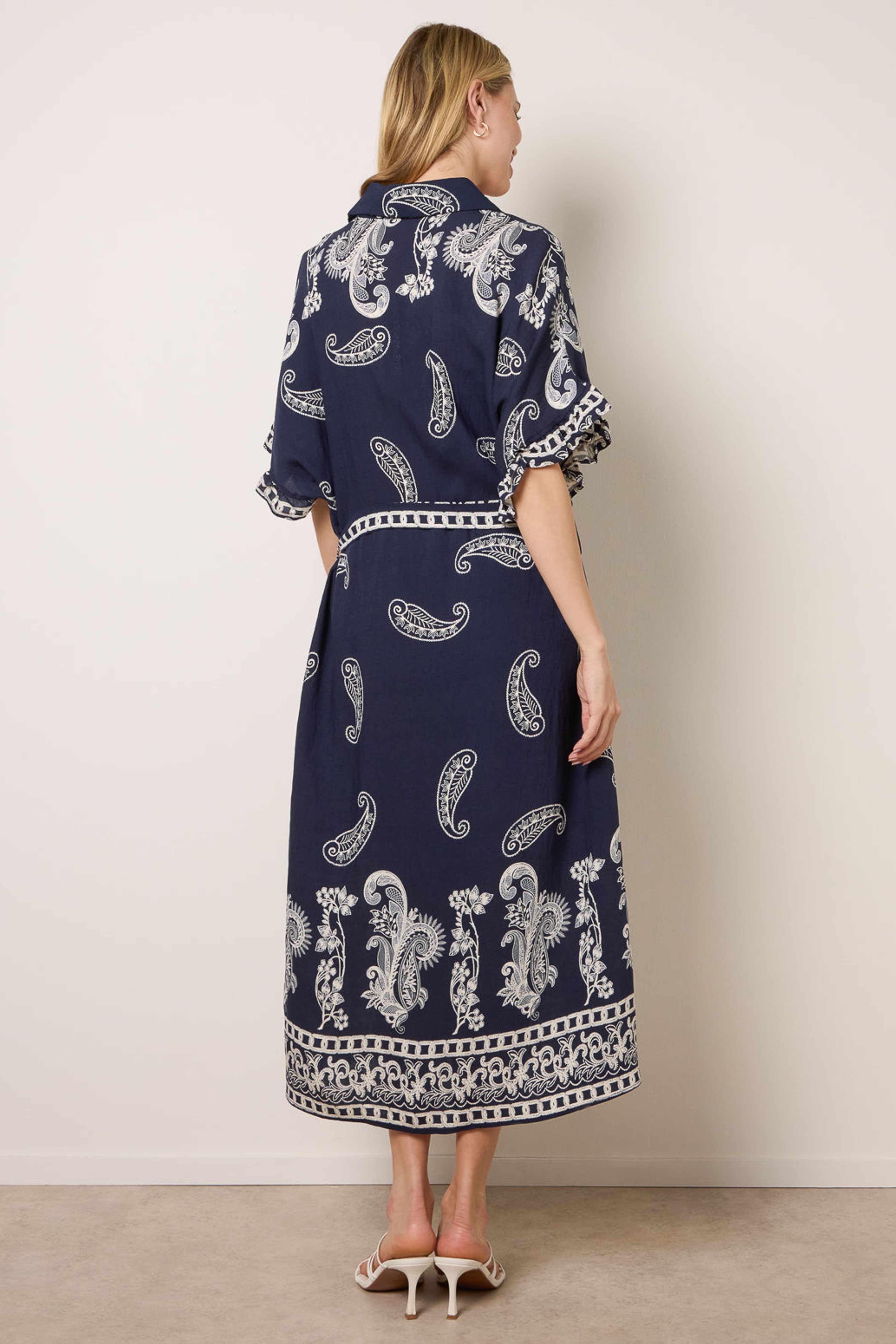 Blue Vanilla Navy Paisley Print Belted Shirt Dress