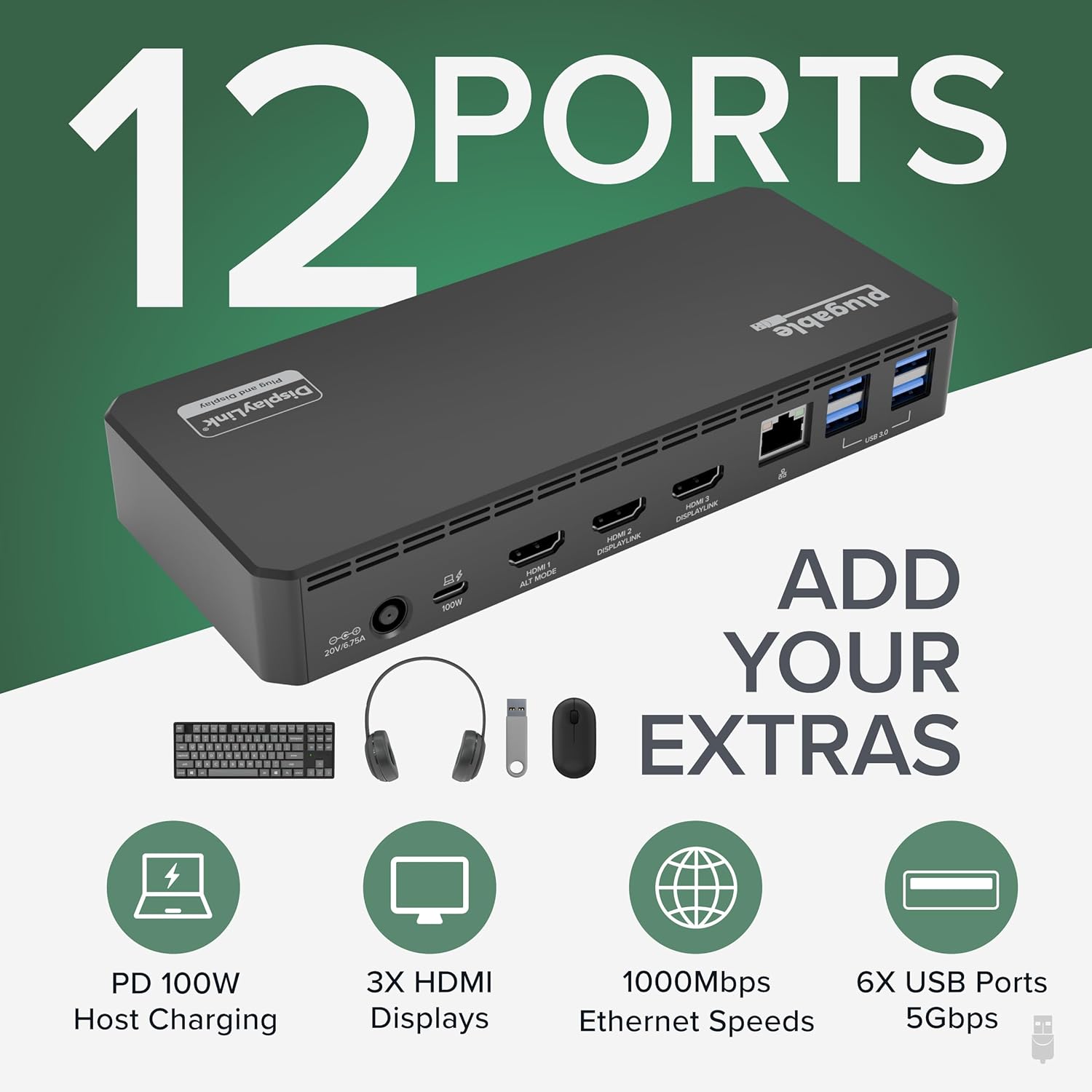 Plugable USB C Triple Display Docking Station | 100W PD  3x HDMI (1x 4K 30Hz  2x 1080p 60Hz)  6x USB 5Gbps Ports | Windows  macOS  ChromeOS Compatible - Enhance Productivity with Multi-Monitor Support