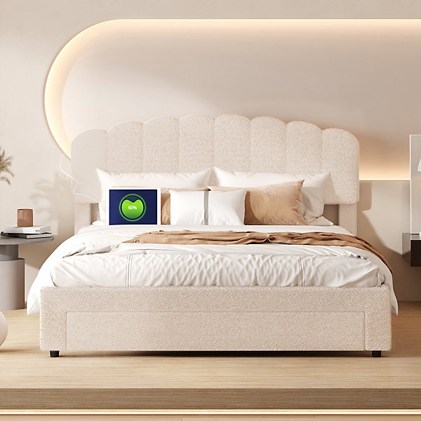 Lit double rembourré 140x200cm avec USB et grand tiroirs - tissu en sherpa- Beige