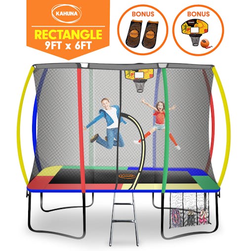 NNEDPE Kahuna Trampoline 6ft x 9ft Rectangular Outdoor Rainbow Basketball Set