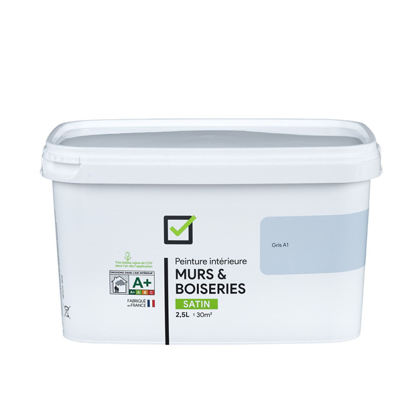 Peinture pour murs et boiseries gris A1 satiné 2,5 L