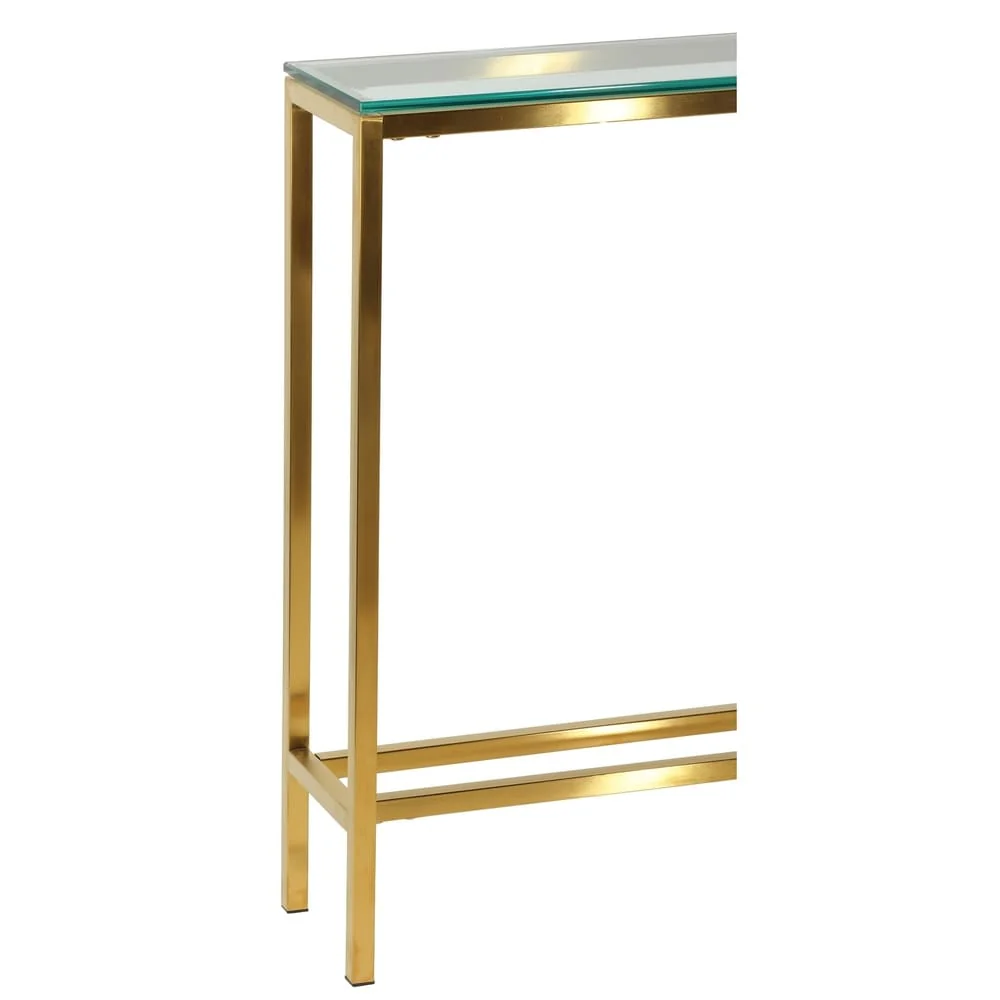 Cortesi Home Juan Console Table, Brushed Gold Color with Clear 10mm Glass, Skinny 56 x 8