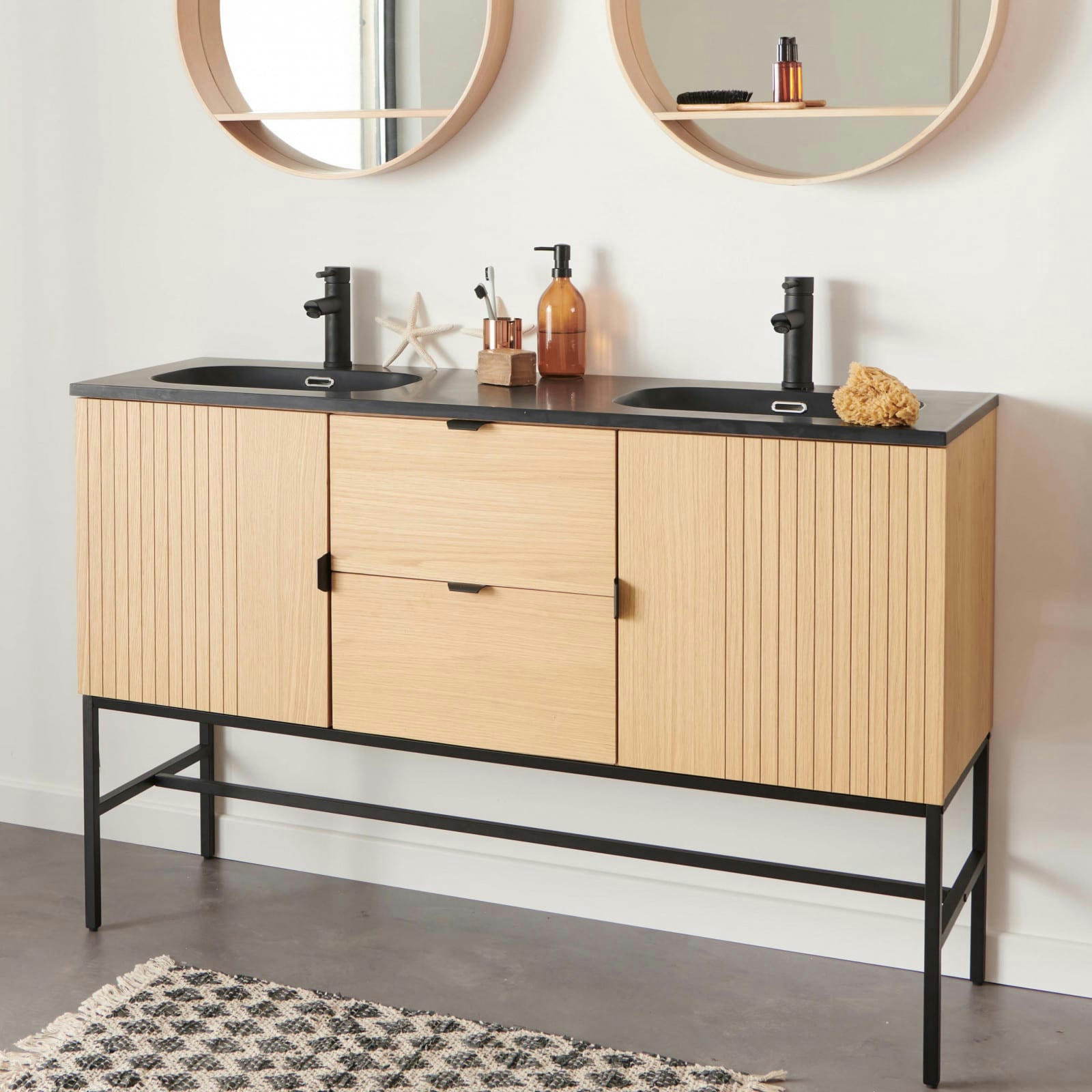 STUDIO - Meuble double vasque 140cm chêne  sur pieds avec plan vasque en résine