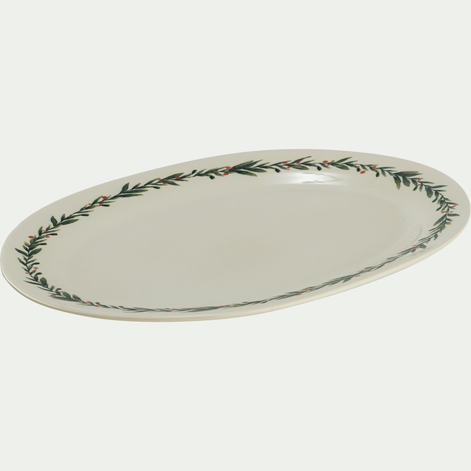 HOUX - Plat ovale avec motif houx en grès L40cm - blanc