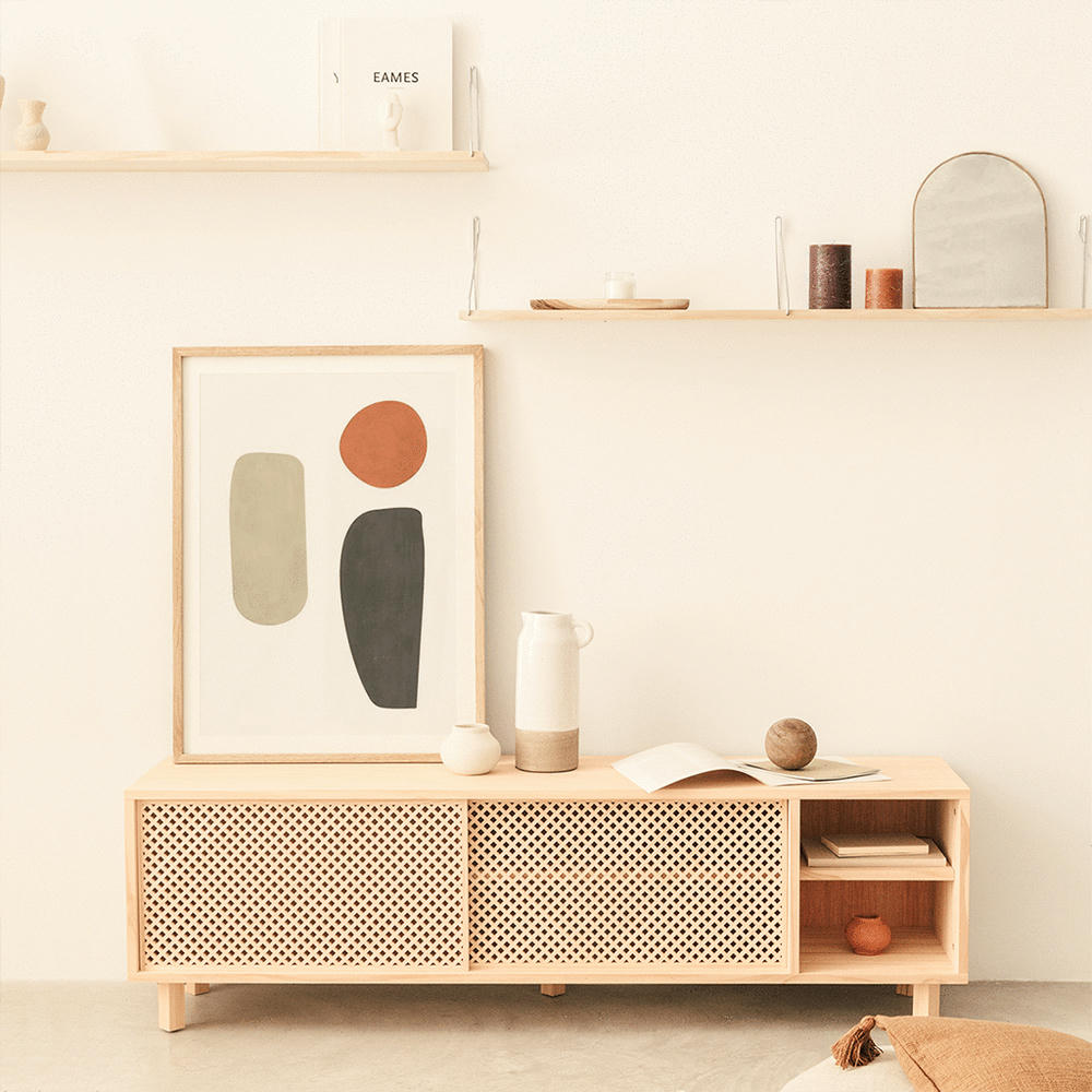 MORA - Meuble TV en bois massif naturel - deux étagères - 150 cm