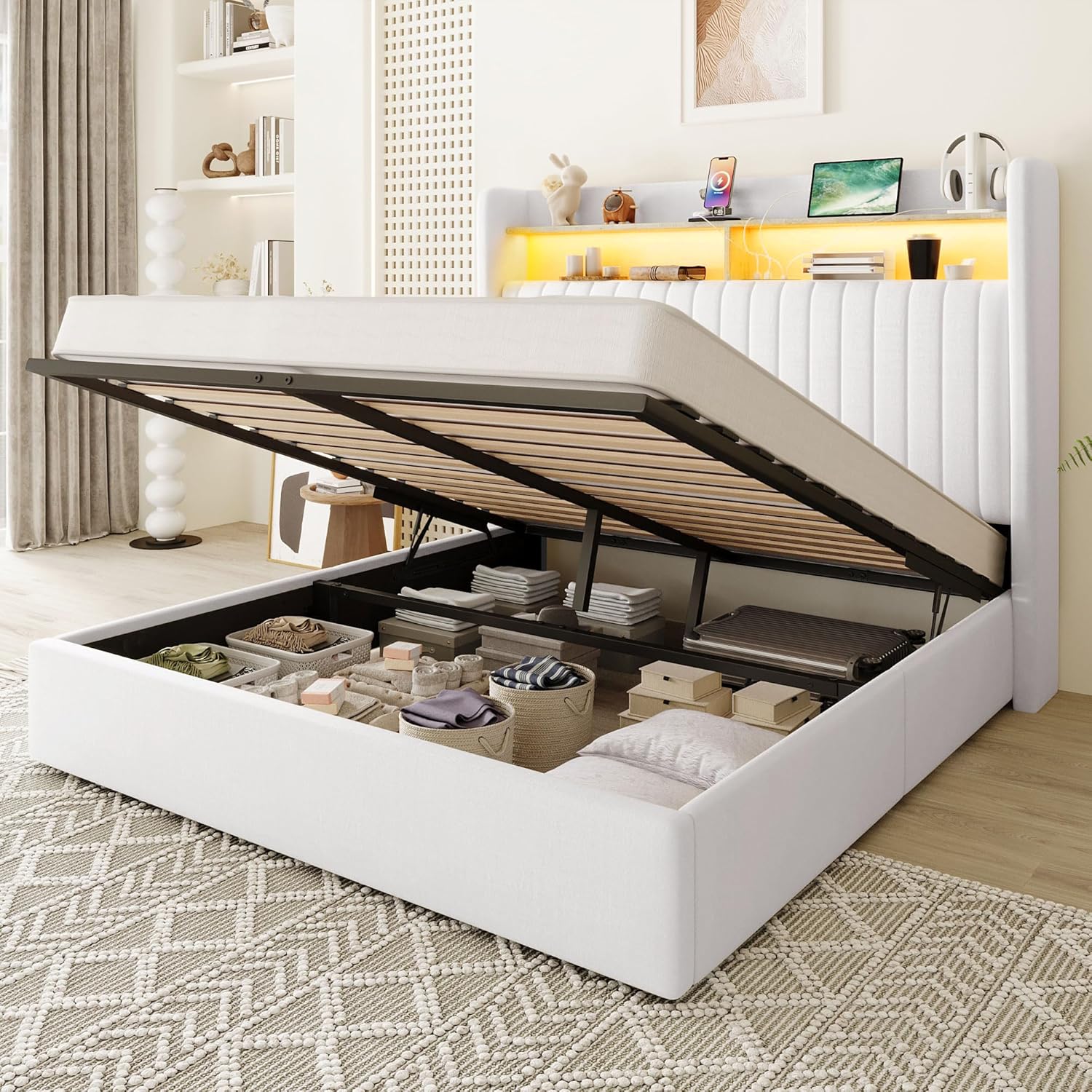 Allewie Queen Size Lift Up Hydraulic Storage Bed Frame, 2-Tier Shelf Headboard with LED Lights and Charging Station, USB and Type C Ports, Wingback Velvet Headboard, No Box Spring Needed, White