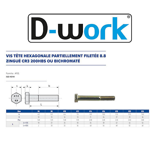 100 Vis Métaux Tête Hexagonale F/Partiel 8 x 80 mm - 4014 - 8.8 - Zingué CR3 - D-Work