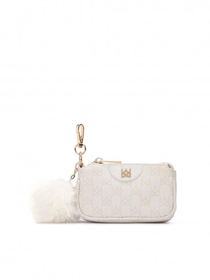 Leather purse key ring with pom-pom