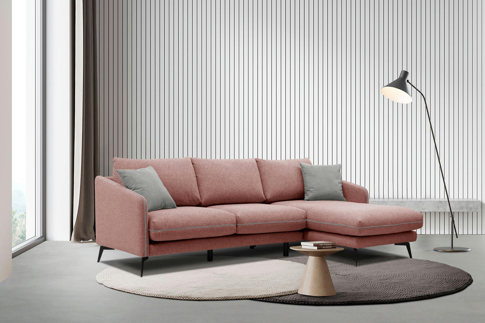 SOGEL - Canapé d'angle droit 4 places tissu rouge clair