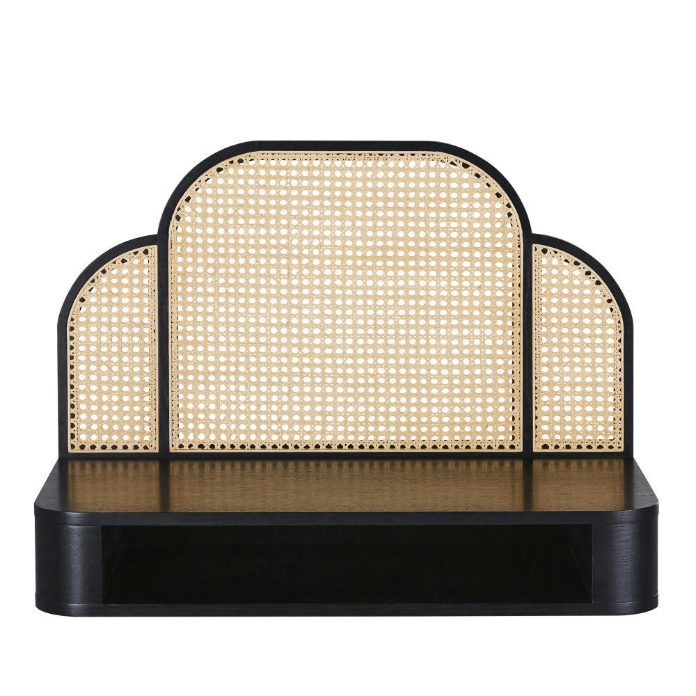 Loreto Business - Bureau mural professionnel noir et cannage en rotin L90