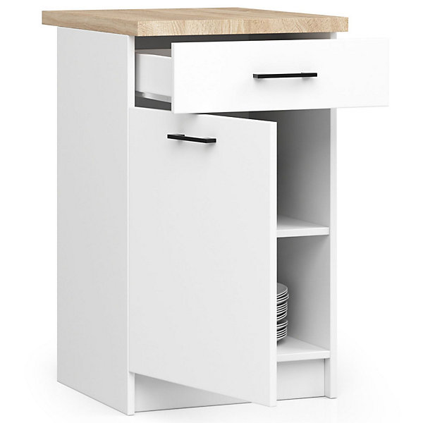 Meuble de cuisine sur pied : 1 tiroir, 1 porte, 2 étagères, blanc, 40 x 85 x 46 cm