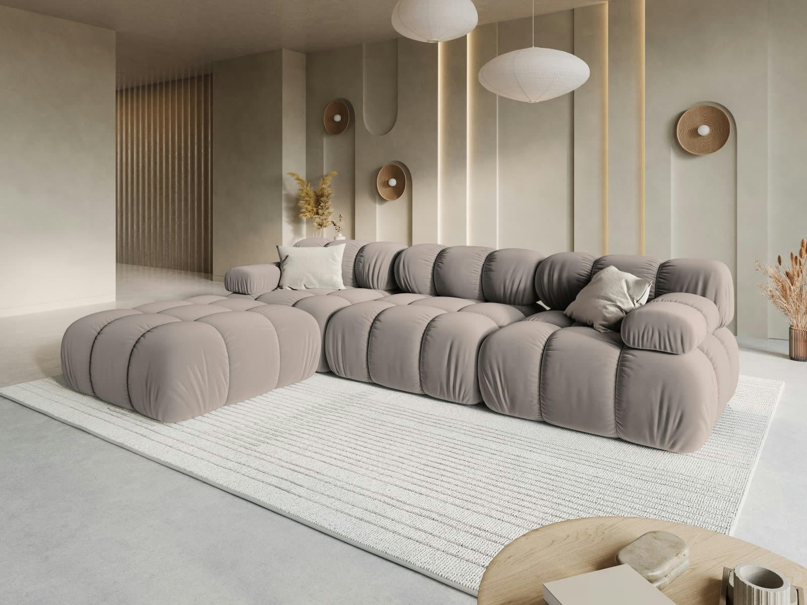 BELLIS - Canapé modulable 4 places en tissu velours beige