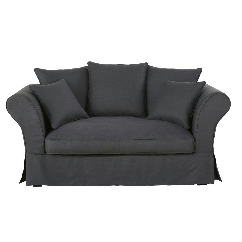 Roma - Housse de canapé 2 places en lin froissé gris anthracite