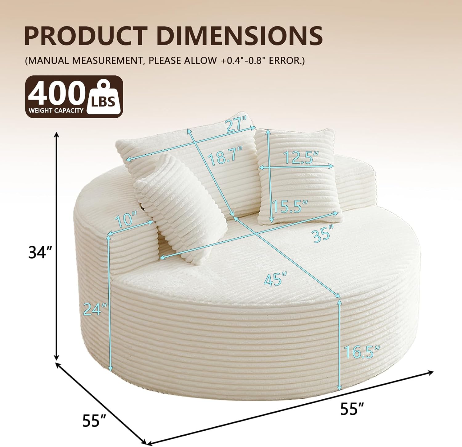 55'' Oversized Round Chair Lounge Chaise Indoor, Cloud Boneless Large Circle Chair with Plush Corduroy, No Assembly Required, Fluffy Modern Sleeper Sofa Bed for Reading, Living Room, Bedroom(White)