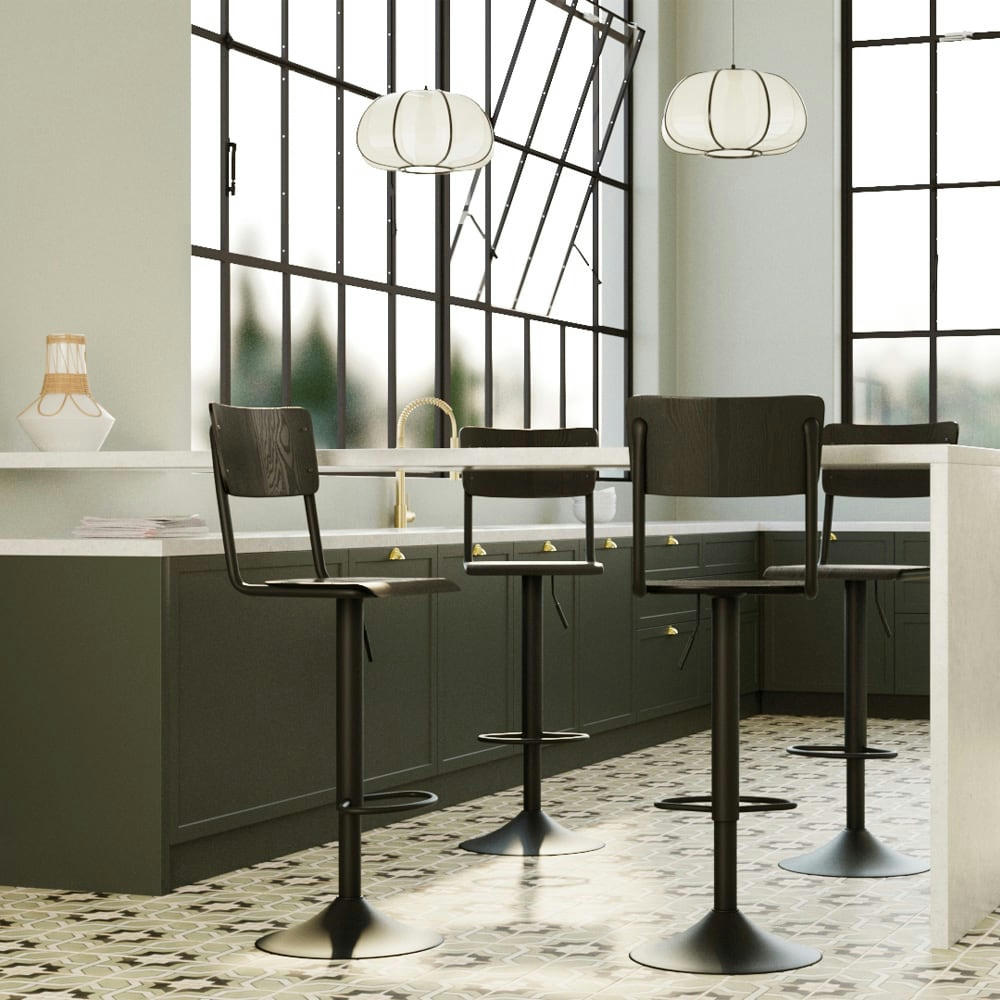 CLEM - Chaise de bar réglable 60/80 cm en bois noir (lot de 2)