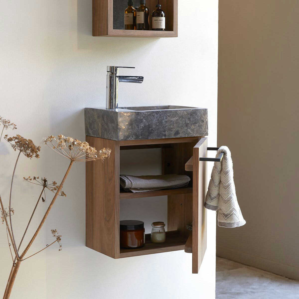 STELLE - Meuble Lave main en noyer massif et marbre gris